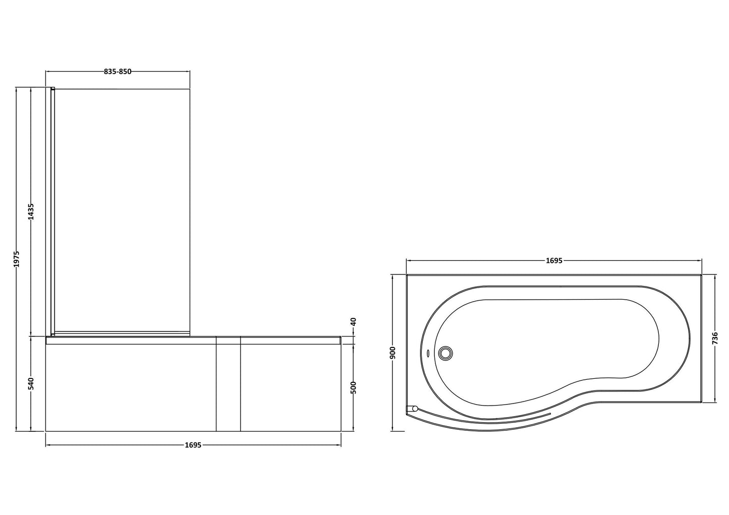 [BBATH07] B Bath Set: B Shaped Shower Bath Tub, Front Panel and Chrome B Bath Screen - Choice of Size - Technical Drawing
