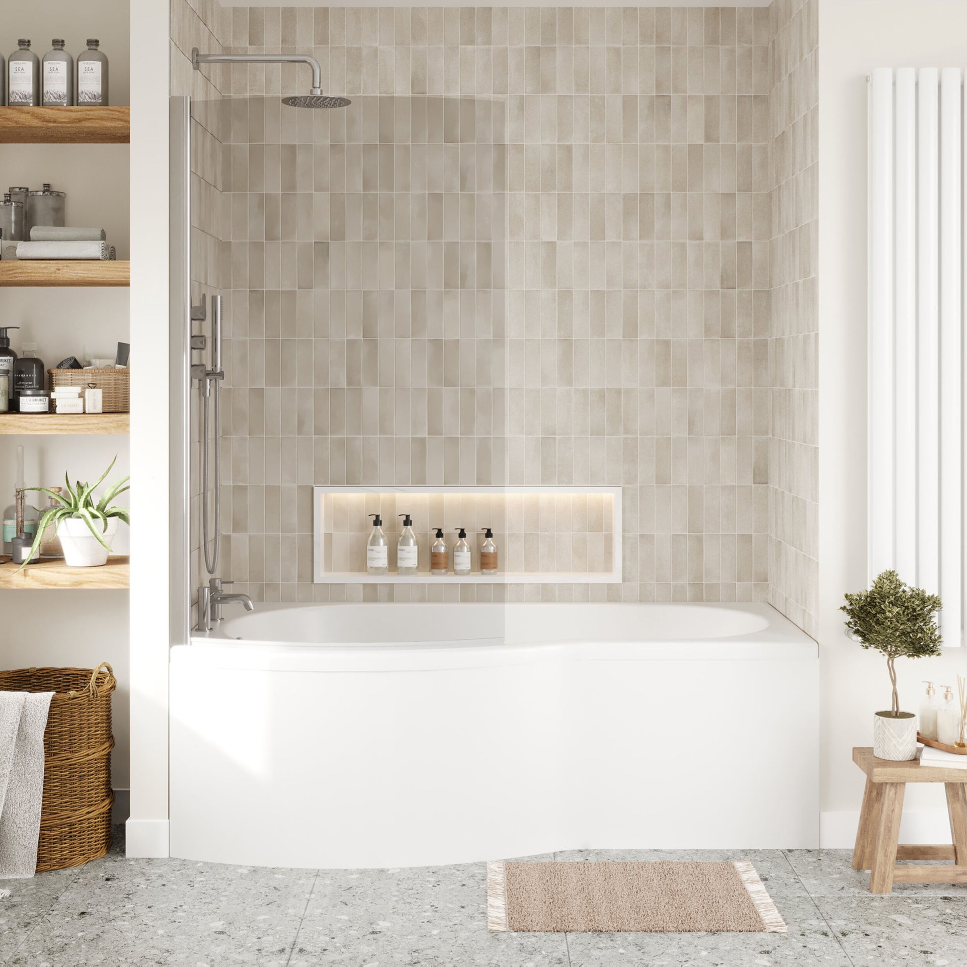 [BBATH07] B Bath Set: B Shaped Shower Bath Tub, Front Panel and Chrome B Bath Screen - Choice of Size - Lifestyle 1