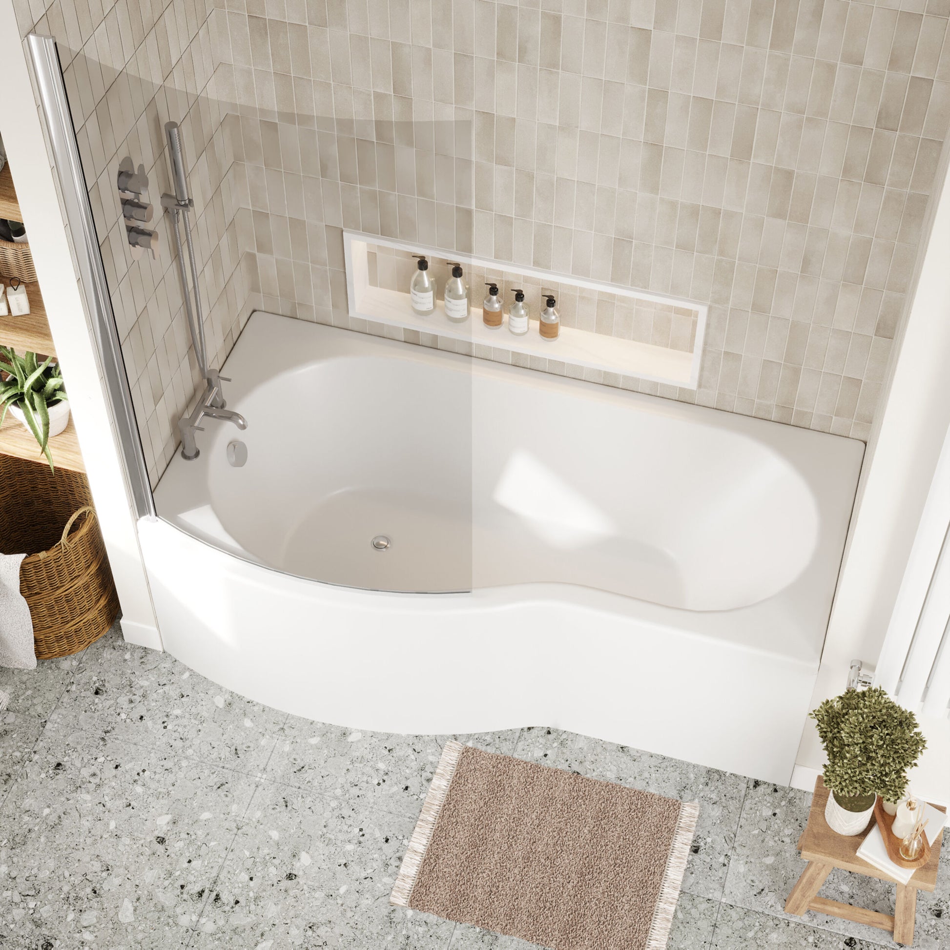 [BBATH07] B Bath Set: B Shaped Shower Bath Tub, Front Panel and Chrome B Bath Screen - Choice of Size - Lifestyle 2