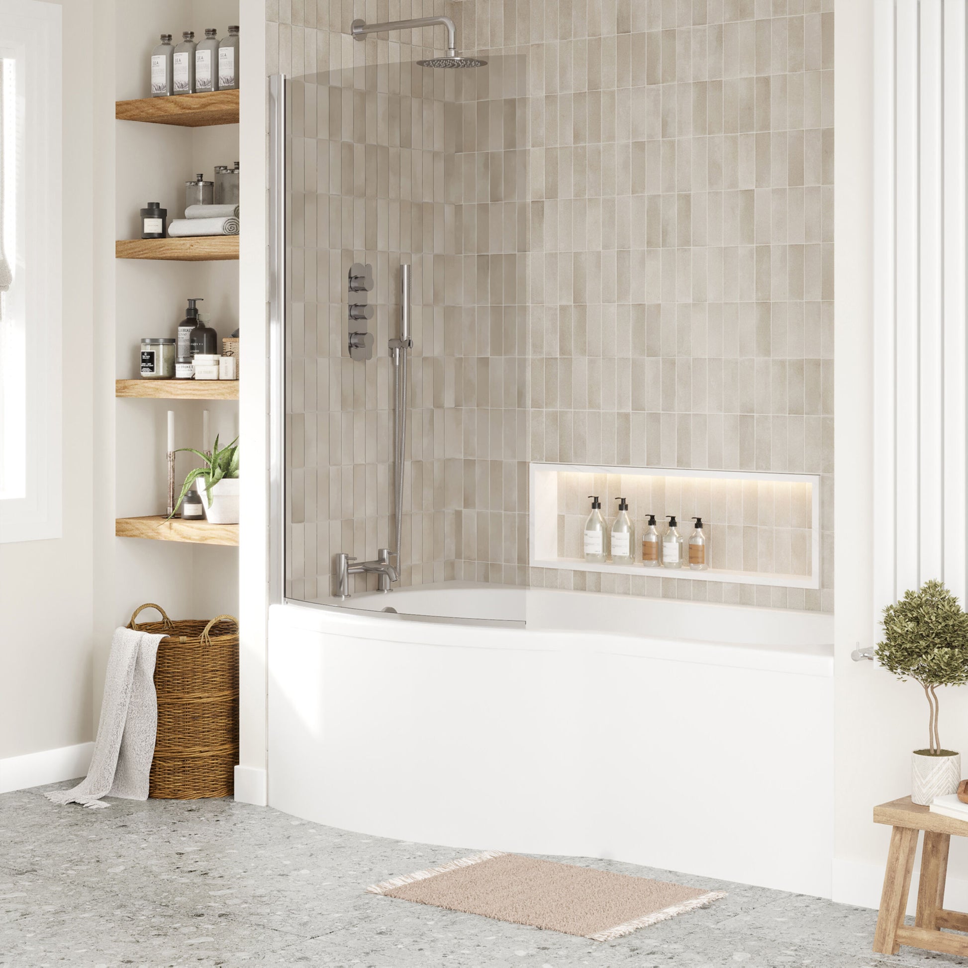 [BBATH07] B Bath Set: B Shaped Shower Bath Tub, Front Panel and Chrome B Bath Screen - Choice of Size - Lifestyle 3