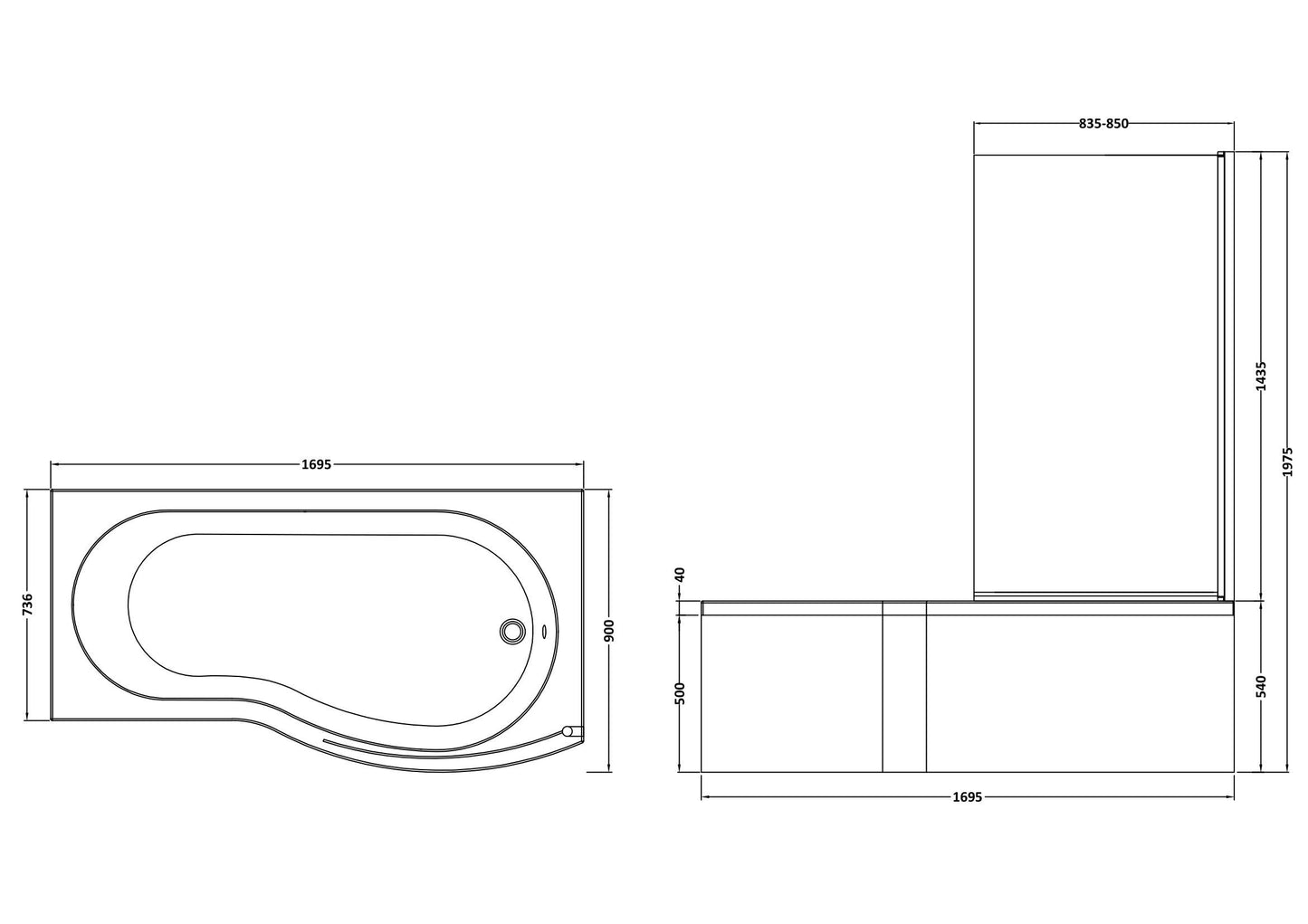 [BBATH08] B Bath Set: B Shaped Shower Bath Tub, Front Panel and Chrome B Bath Screen - Choice of Size - Technical Drawing