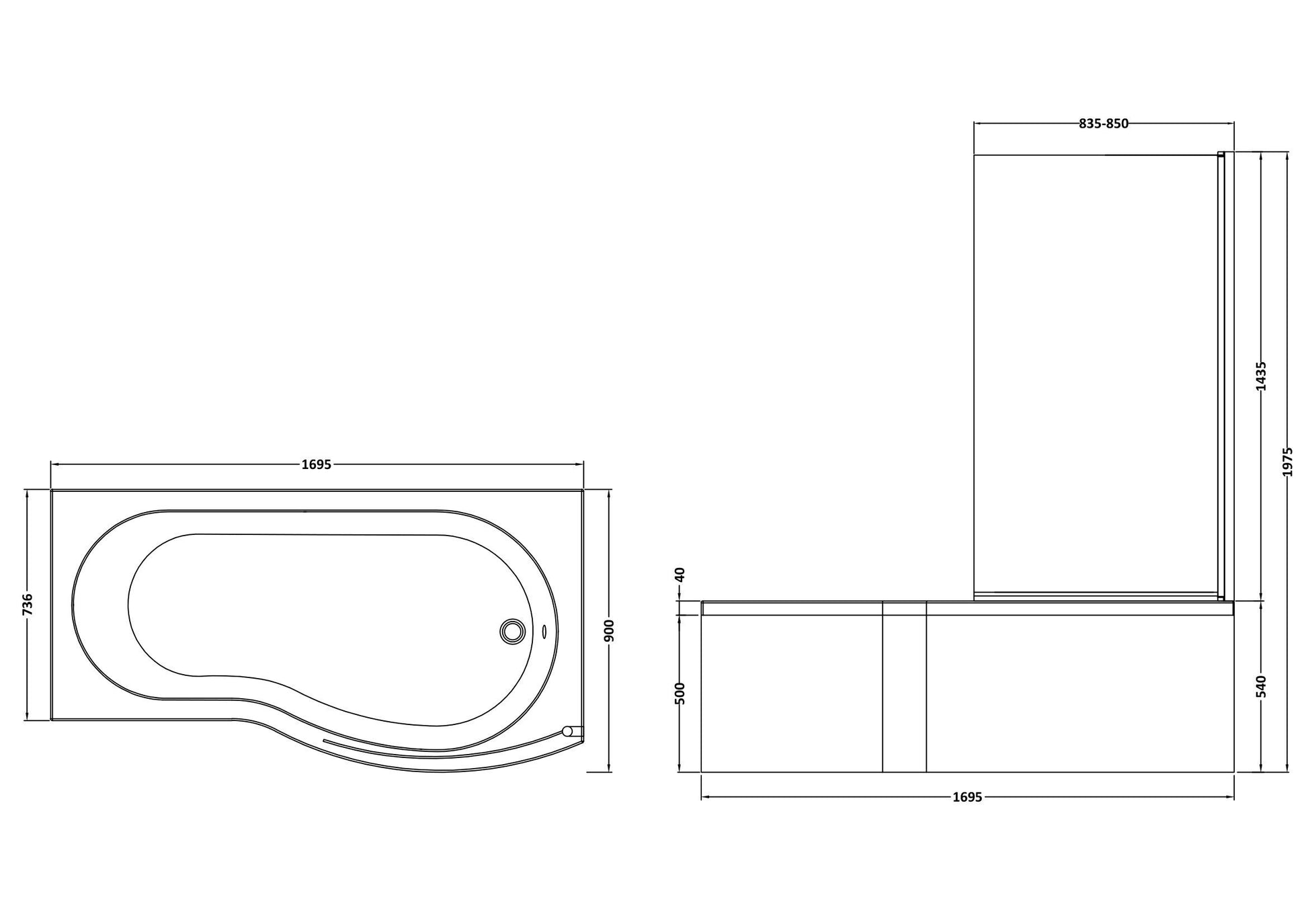 [BBATH08] B Bath Set: B Shaped Shower Bath Tub, Front Panel and Chrome B Bath Screen - Choice of Size - Technical Drawing