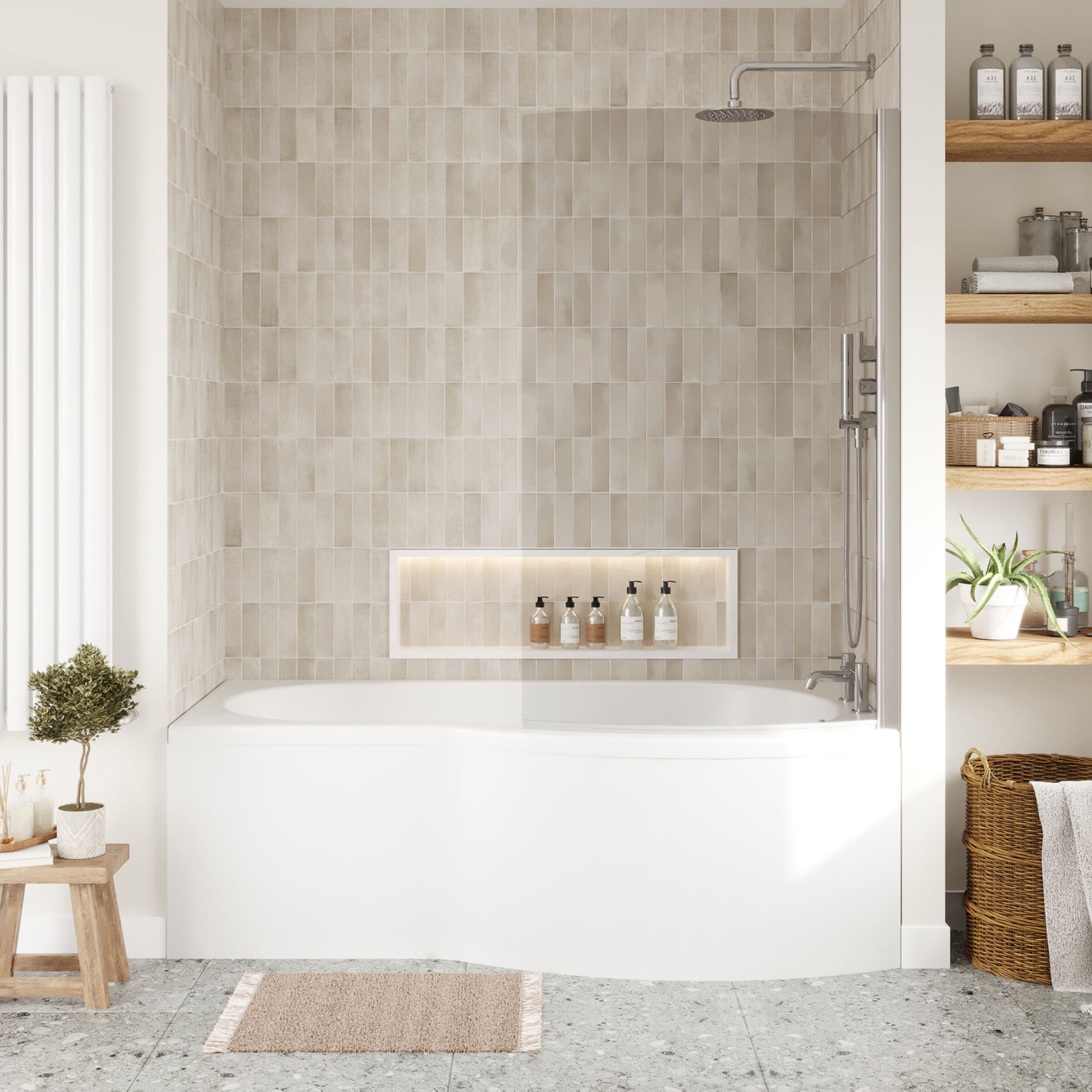 [BBATH08] B Bath Set: B Shaped Shower Bath Tub, Front Panel and Chrome B Bath Screen - Choice of Size - Lifestyle 1