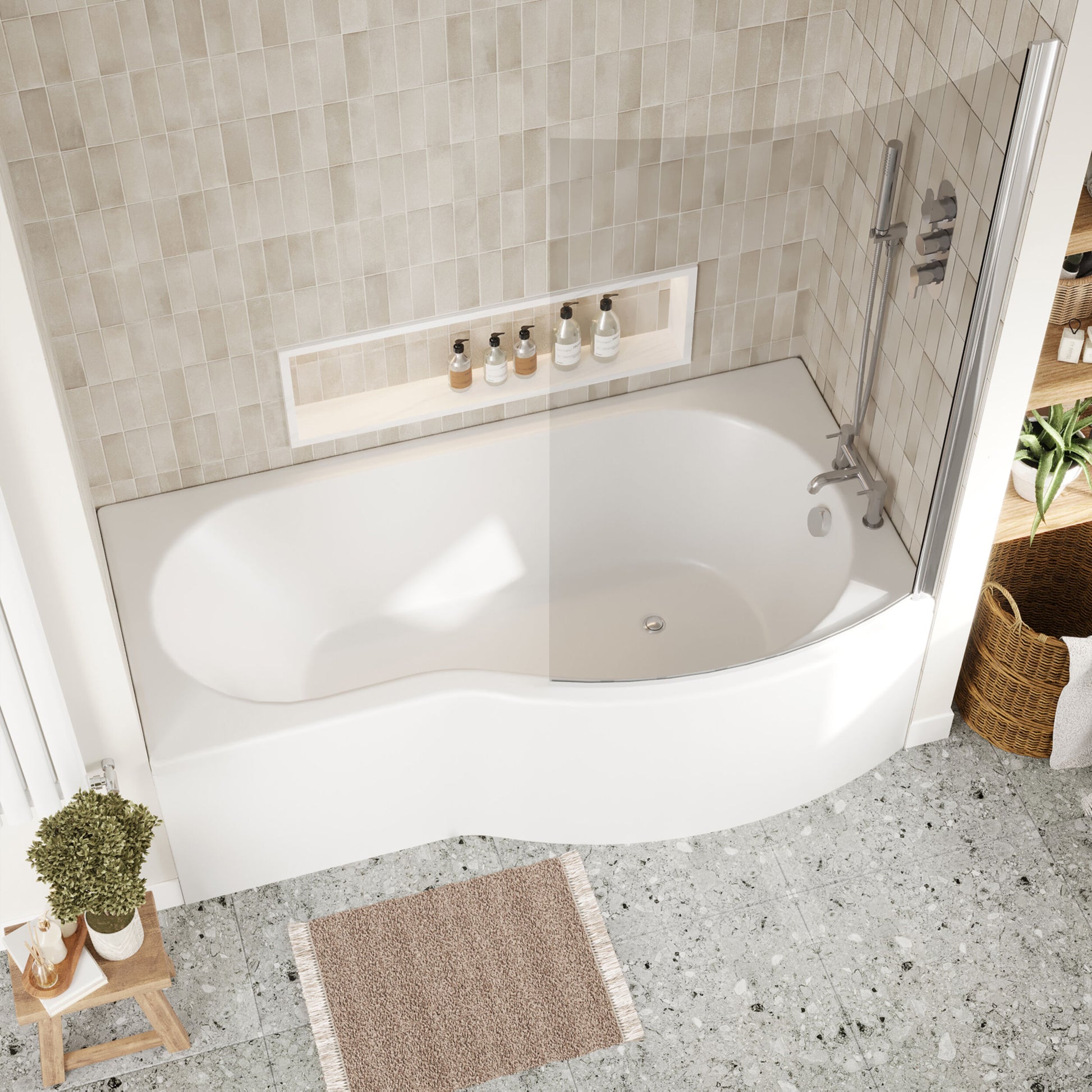 [BBATH08] B Bath Set: B Shaped Shower Bath Tub, Front Panel and Chrome B Bath Screen - Choice of Size - Lifestyle 2