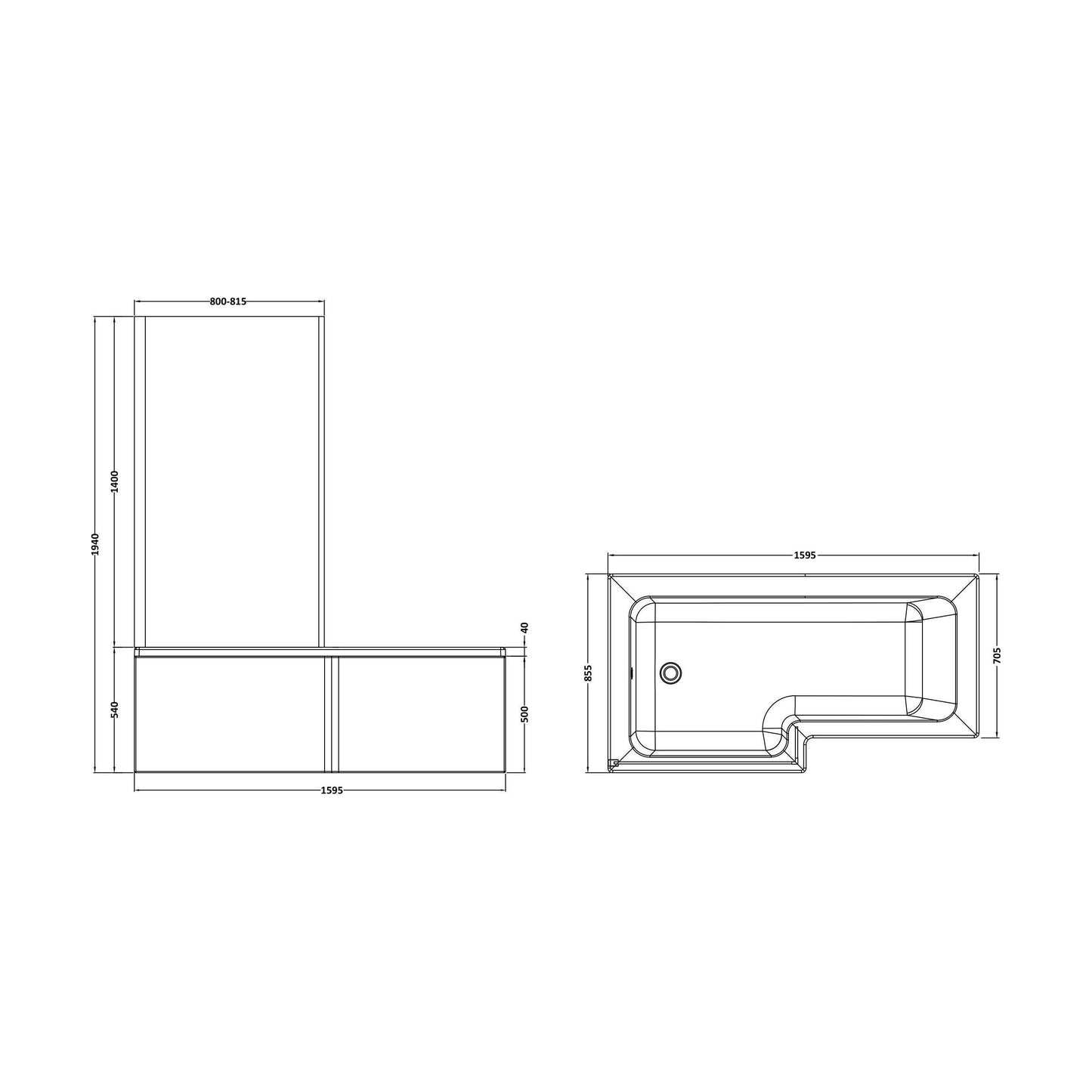 [BBATH13] Balterley 1600mm Left-Hand Square Shower Bath And Panel Set - Technical Drawing
