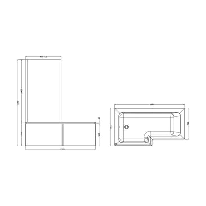 [BBATH13] Balterley 1600mm Left-Hand Square Shower Bath And Panel Set - Technical Drawing