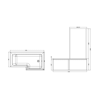 [BBATH14] Balterley 1600mm Right-Hand Square Shower Bath And Panel Set - Technical Drawing
