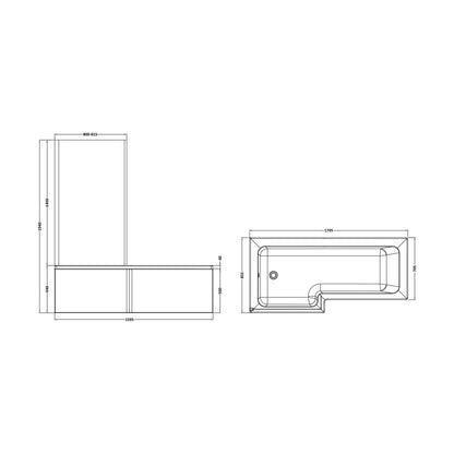 [BBATH15] Balterley 1800mm Left-Hand Square Shower Bath And Panel Set - Technical Drawing