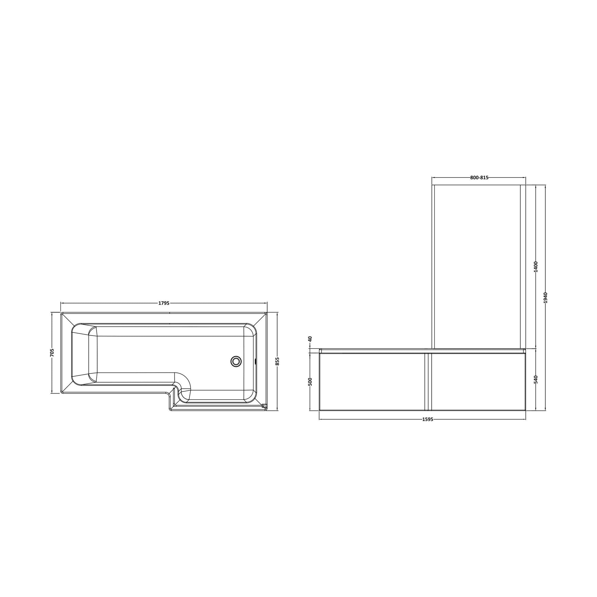 [BBATH16] Balterley 1800mm Right-Hand Square Shower Bath And Panel Set - Technical Drawing