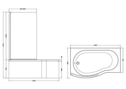 [BBATH20] B Bath Set: B Shaped Shower Bath Tub, Front Panel and Chrome B Bath Screen - Choice of Size - Technical Drawing