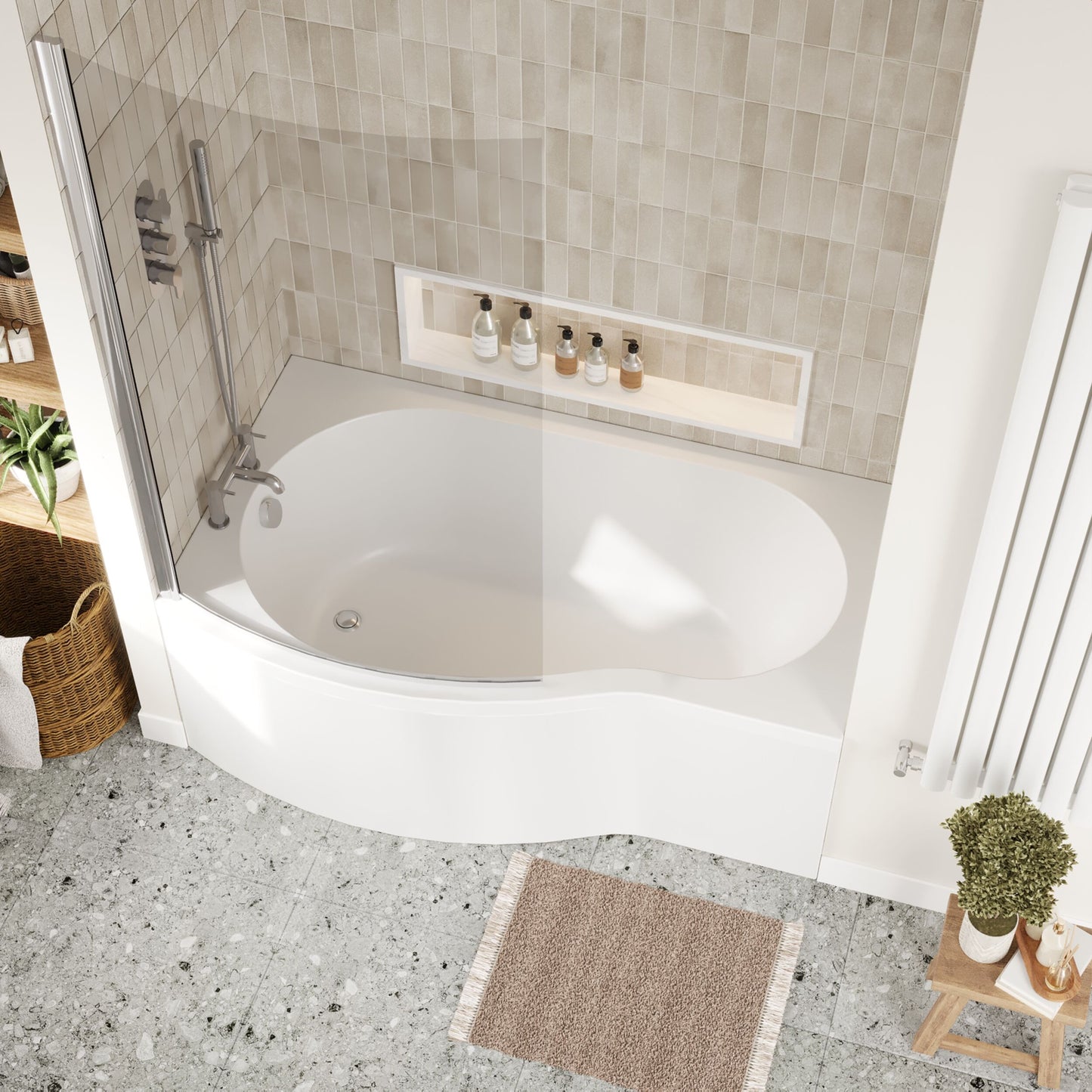 [BBATH20] B Bath Set: B Shaped Shower Bath Tub, Front Panel and Chrome B Bath Screen - Choice of Size - Lifestyle 2