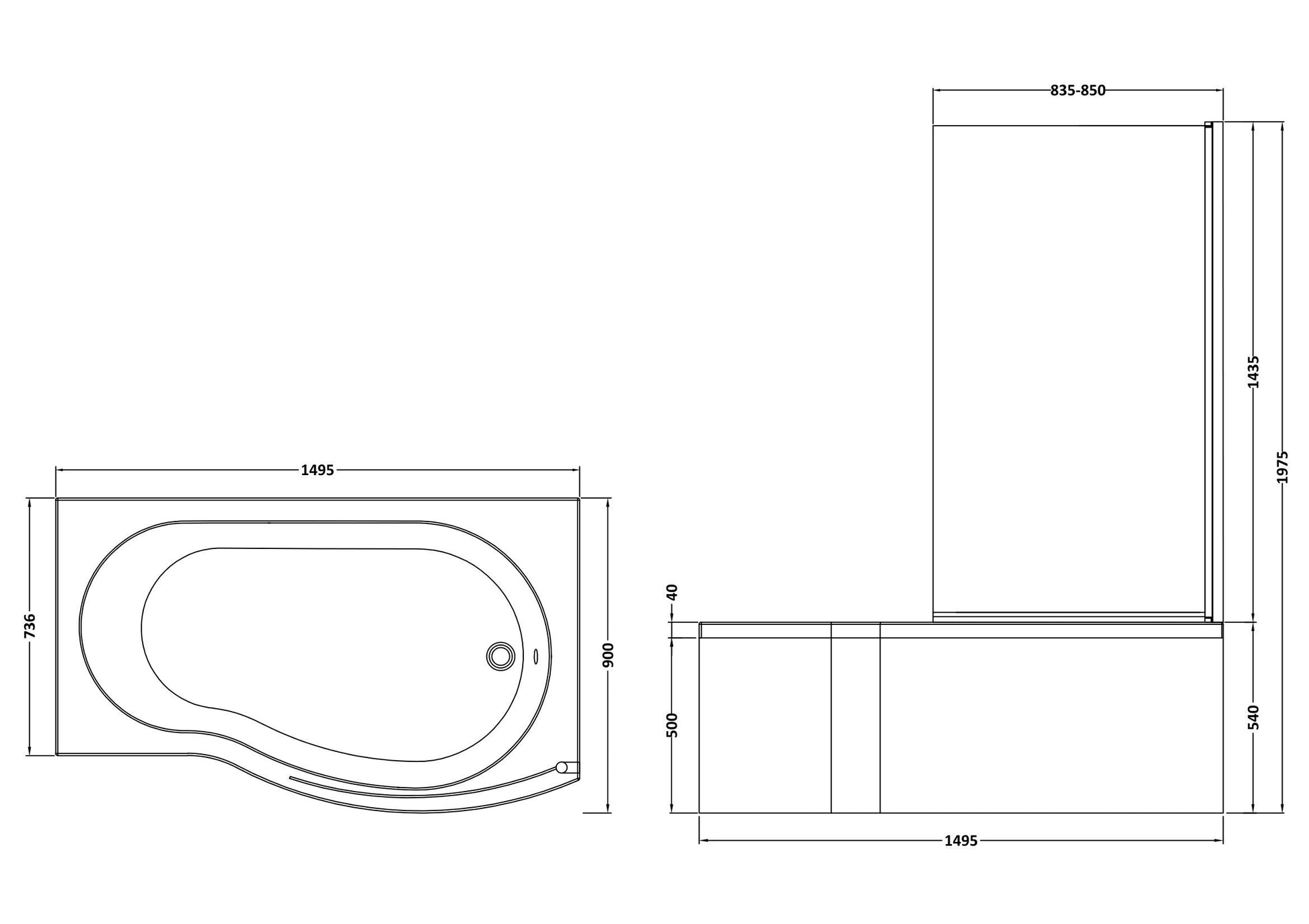 [BBATH21] B Bath Set: B Shaped Shower Bath Tub, Front Panel and Chrome B Bath Screen - Choice of Size - Technical Drawing