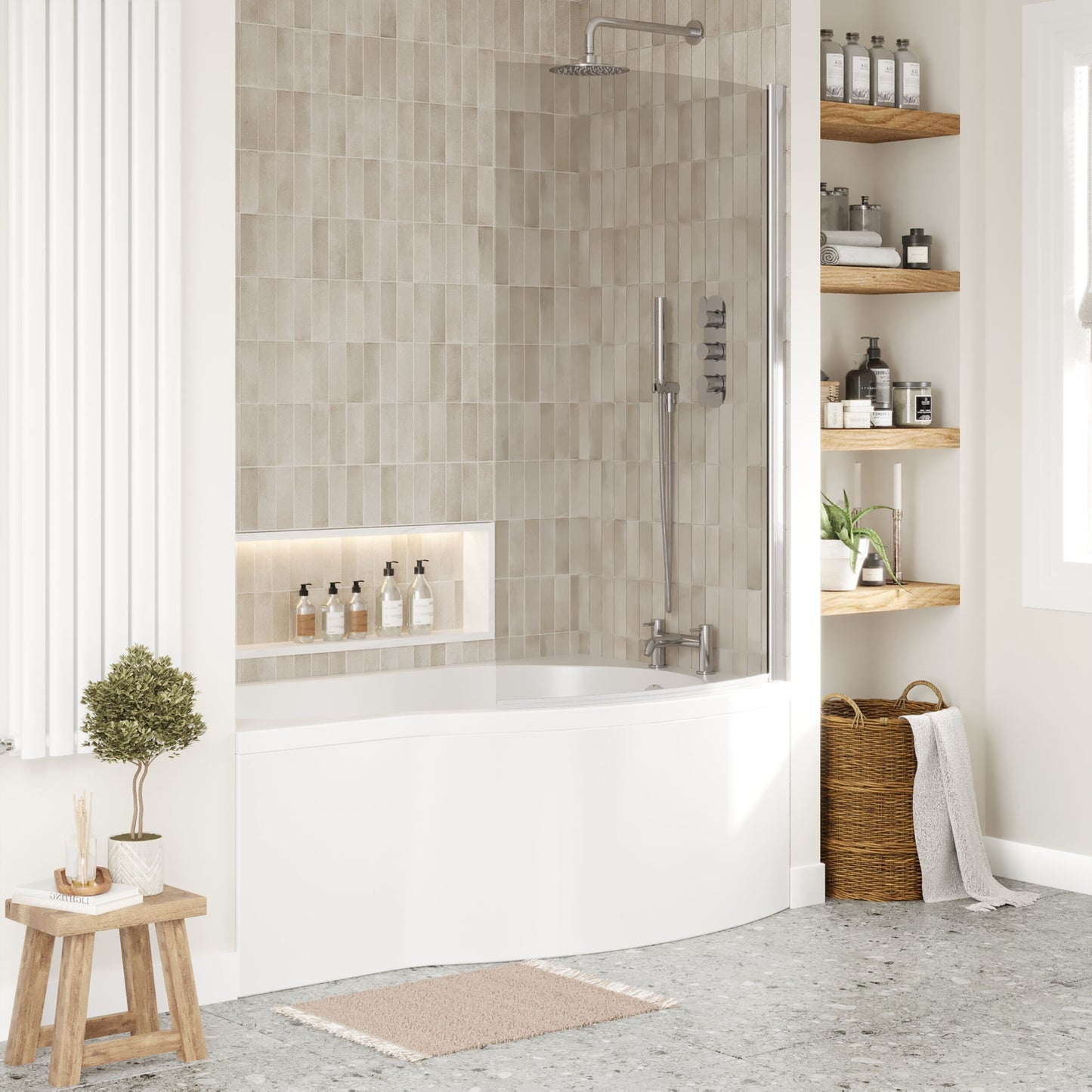 [BBATH21] B Bath Set: B Shaped Shower Bath Tub, Front Panel and Chrome B Bath Screen - Choice of Size - Lifestyle 3