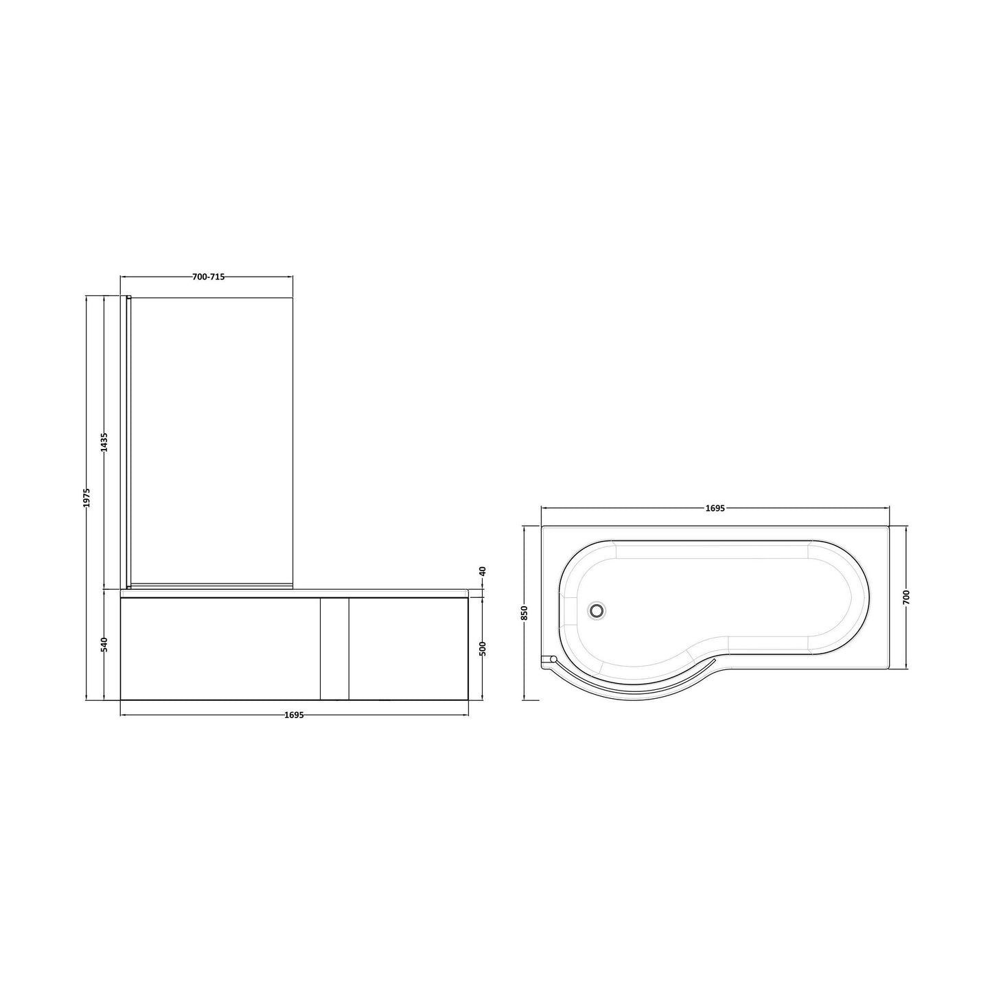 [BBATH22] Balterley 1700 mm Left Hand P Shape Square Shower Bath with Glass Screen & Matching Front Panel Modern White Design - Technical Drawing