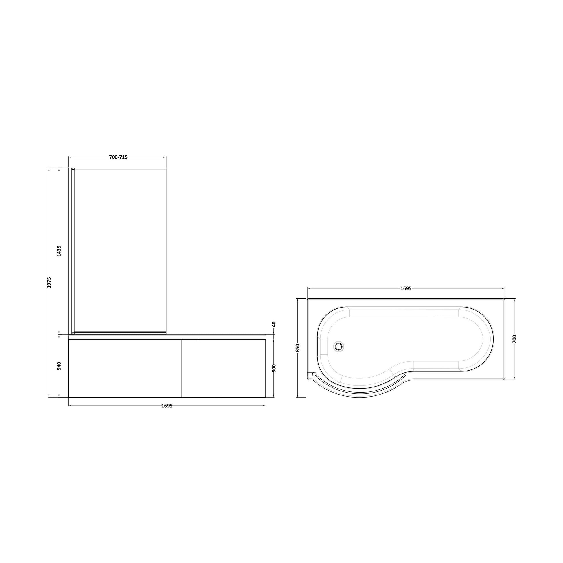 [BBATH22] Balterley 1700 mm Left Hand P Shape Square Shower Bath with Glass Screen & Matching Front Panel Modern White Design - Technical Drawing