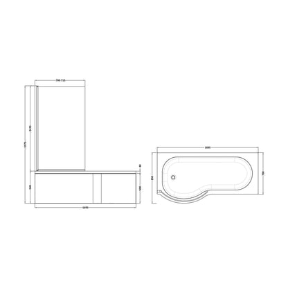 [BBATH22] Balterley 1700 mm Left Hand P Shape Square Shower Bath with Glass Screen & Matching Front Panel Modern White Design - Technical Drawing