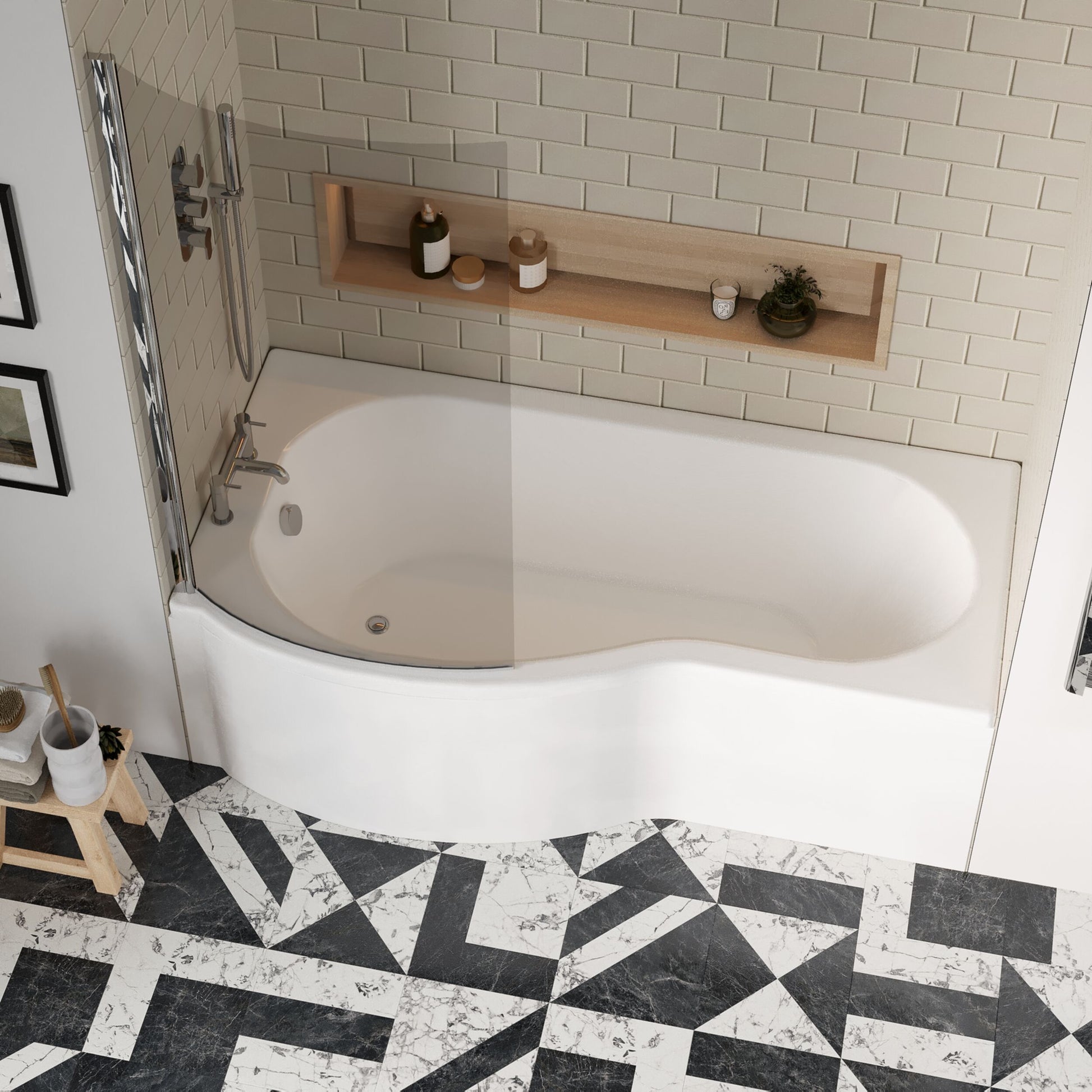 [BBATH22] Balterley 1700 mm Left Hand P Shape Square Shower Bath with Glass Screen & Matching Front Panel Modern White Design - Lifestyle 2