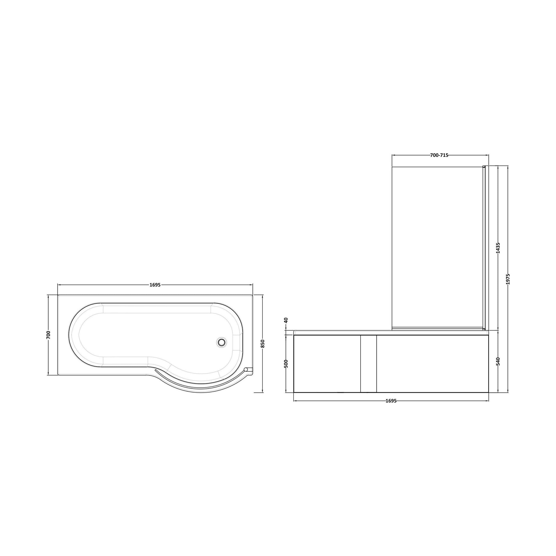 [BBATH23] Balterley 1700 mm Right Hand P Shape Square Shower Bath with Glass Screen & Matching Front Panel Modern White Design - Technical Drawing