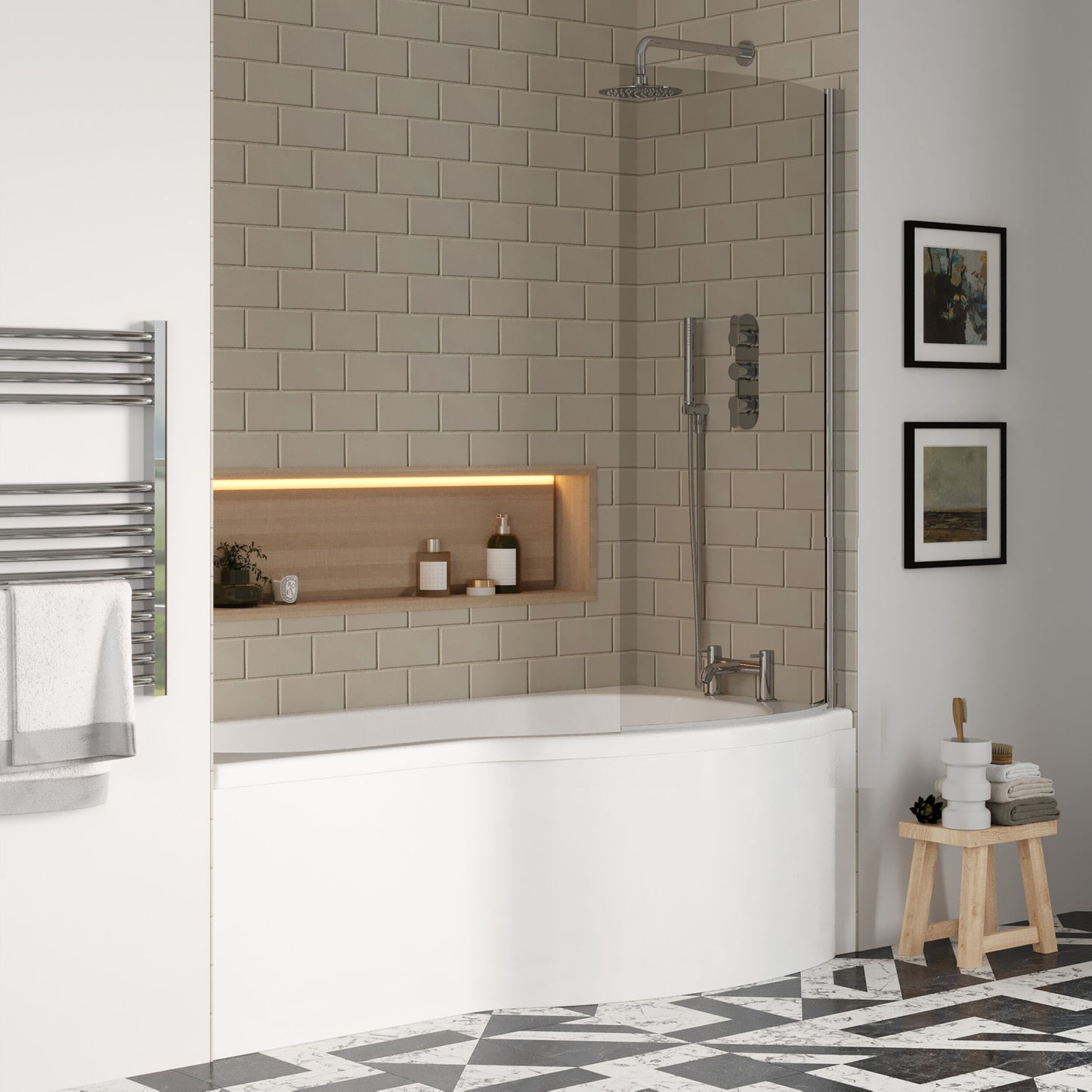 [BBATH23] Balterley 1700 mm Right Hand P Shape Square Shower Bath with Glass Screen & Matching Front Panel Modern White Design - Lifestyle 3