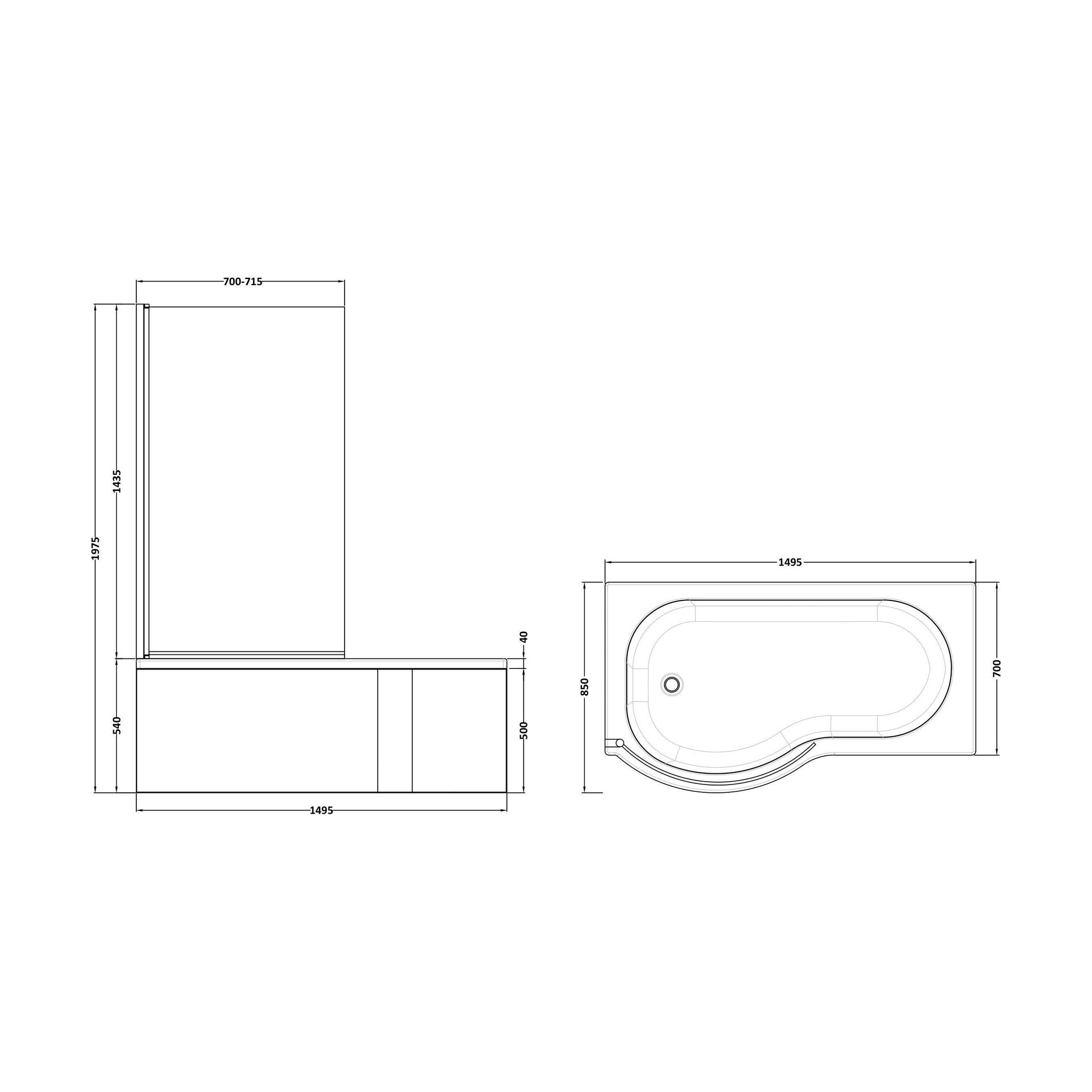 [BBATH24] Balterley 1500 mm Left Hand P Shape Square Shower Bath with Glass Screen & Matching Front Panel Modern White Design - Technical Drawing