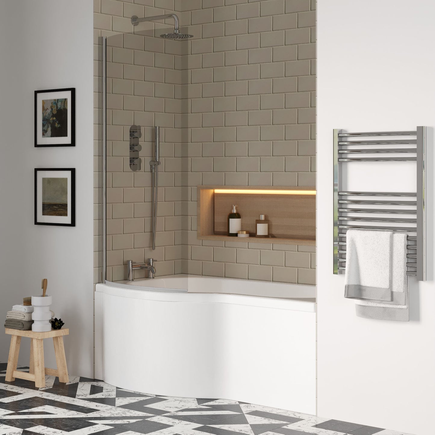 [BBATH24] Balterley 1500 mm Left Hand P Shape Square Shower Bath with Glass Screen & Matching Front Panel Modern White Design - Lifestyle 3