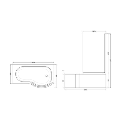 [BBATH25] Balterley 1500 mm Right Hand P Shape Square Shower Bath with Glass Screen & Matching Front Panel Modern White Design - Technical Drawing