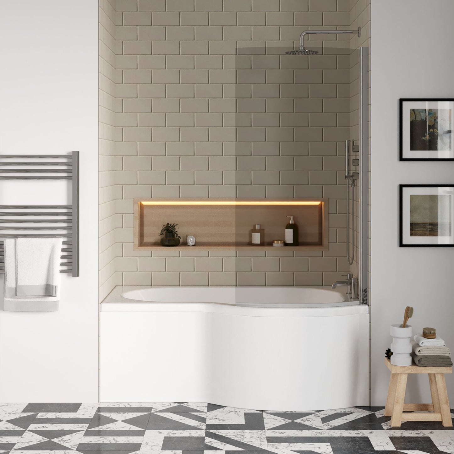 [BBATH25] Balterley 1500 mm Right Hand P Shape Square Shower Bath with Glass Screen & Matching Front Panel Modern White Design - Lifestyle 1