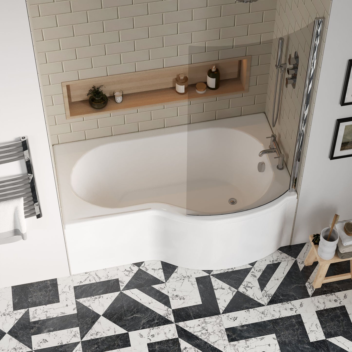 [BBATH25] Balterley 1500 mm Right Hand P Shape Square Shower Bath with Glass Screen & Matching Front Panel Modern White Design - Lifestyle 2