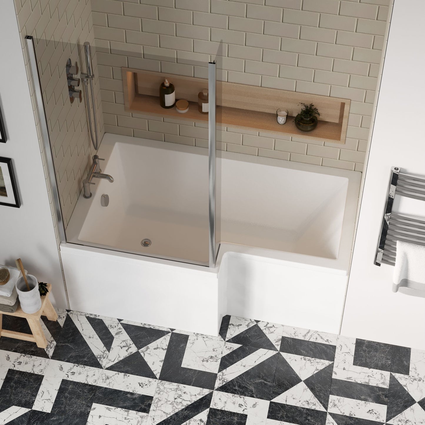 [BBATH28] Balterley 1500 mm Left Hand L Shape Shower Bath Bundle & Tub, Curved 6 mm Safety Glass Screen & Matching Front Panel, Gloss White - Lifestyle 2