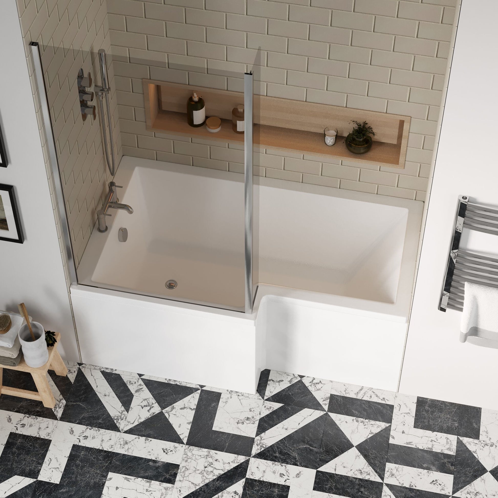 [BBATH28] Balterley 1500 mm Left Hand L Shape Shower Bath Bundle & Tub, Curved 6 mm Safety Glass Screen & Matching Front Panel, Gloss White - Lifestyle 2
