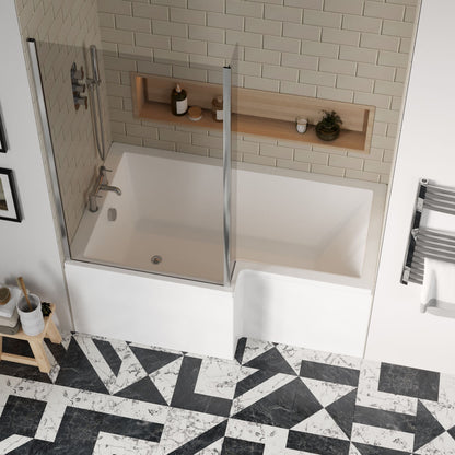[BBATH28] Balterley 1500 mm Left Hand L Shape Shower Bath Bundle & Tub, Curved 6 mm Safety Glass Screen & Matching Front Panel, Gloss White - Lifestyle 2