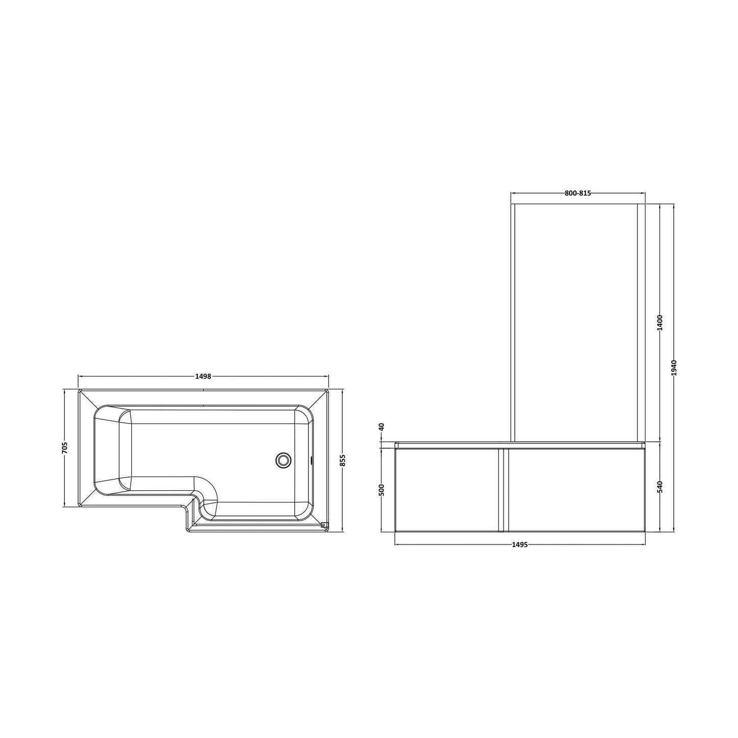 [BBATH29] Balterley 1500 mm Right Hand L Shape Shower Bath Bundle & Tub, Curved 6 mm Safety Glass Screen & Matching Front Panel, Gloss White - Technical Drawing