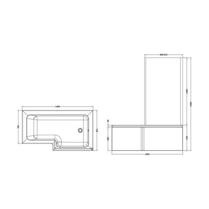 [BBATH29] Balterley 1500 mm Right Hand L Shape Shower Bath Bundle & Tub, Curved 6 mm Safety Glass Screen & Matching Front Panel, Gloss White - Technical Drawing