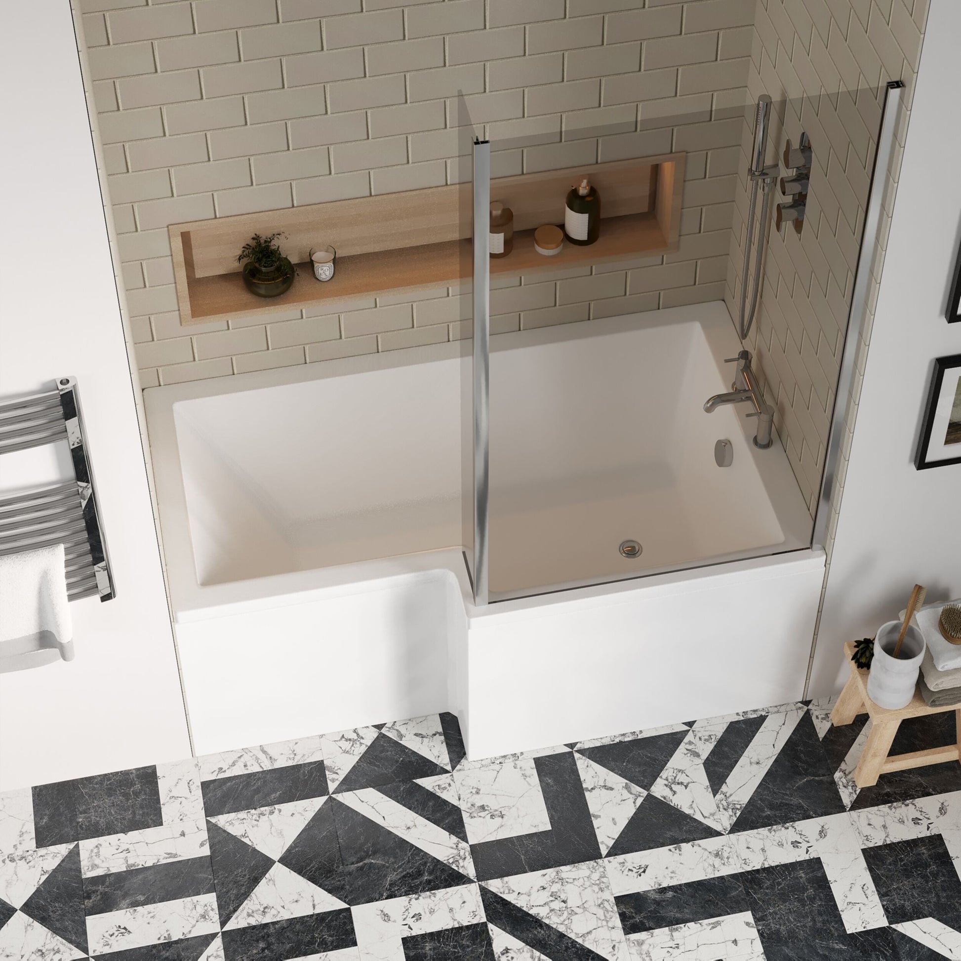 [BBATH29] Balterley 1500 mm Right Hand L Shape Shower Bath Bundle & Tub, Curved 6 mm Safety Glass Screen & Matching Front Panel, Gloss White - Lifestyle 2