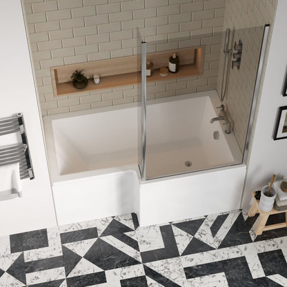 [BBATH29] Balterley 1500 mm Right Hand L Shape Shower Bath Bundle & Tub, Curved 6 mm Safety Glass Screen & Matching Front Panel, Gloss White - Lifestyle 2