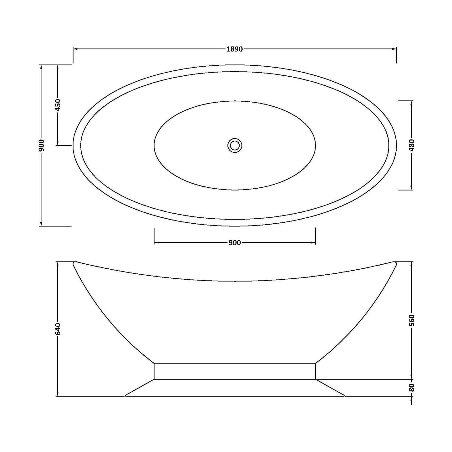 [BBB005] Balterley Gradbach Freestanding Luxury Oval Double Ended Bath, 1890 x 900mm - Gloss White - Technical Drawing