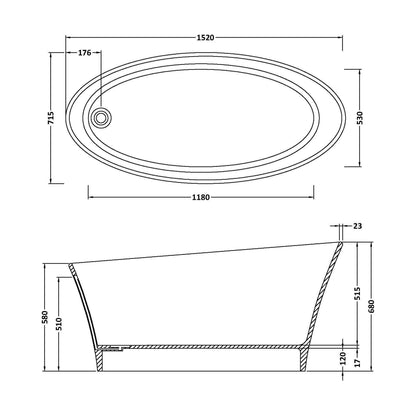 [BBB020] Balterley Doveridge Freestanding Luxury Oval Single Ended Bath, 1520 x 715mm - Polished White - Technical Drawing