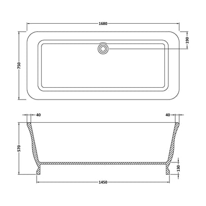 [BBB025] Balterley Goldsitch Freestanding Luxury Square Double Ended Bath, 1680 x 750mm - Gloss White - Technical Drawing