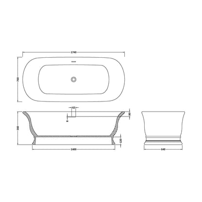 [BBB030] Balterley Wyrley Freestanding Luxury Oval Double Ended Bath, 1740 x 760mm - Polished White - Technical Drawing