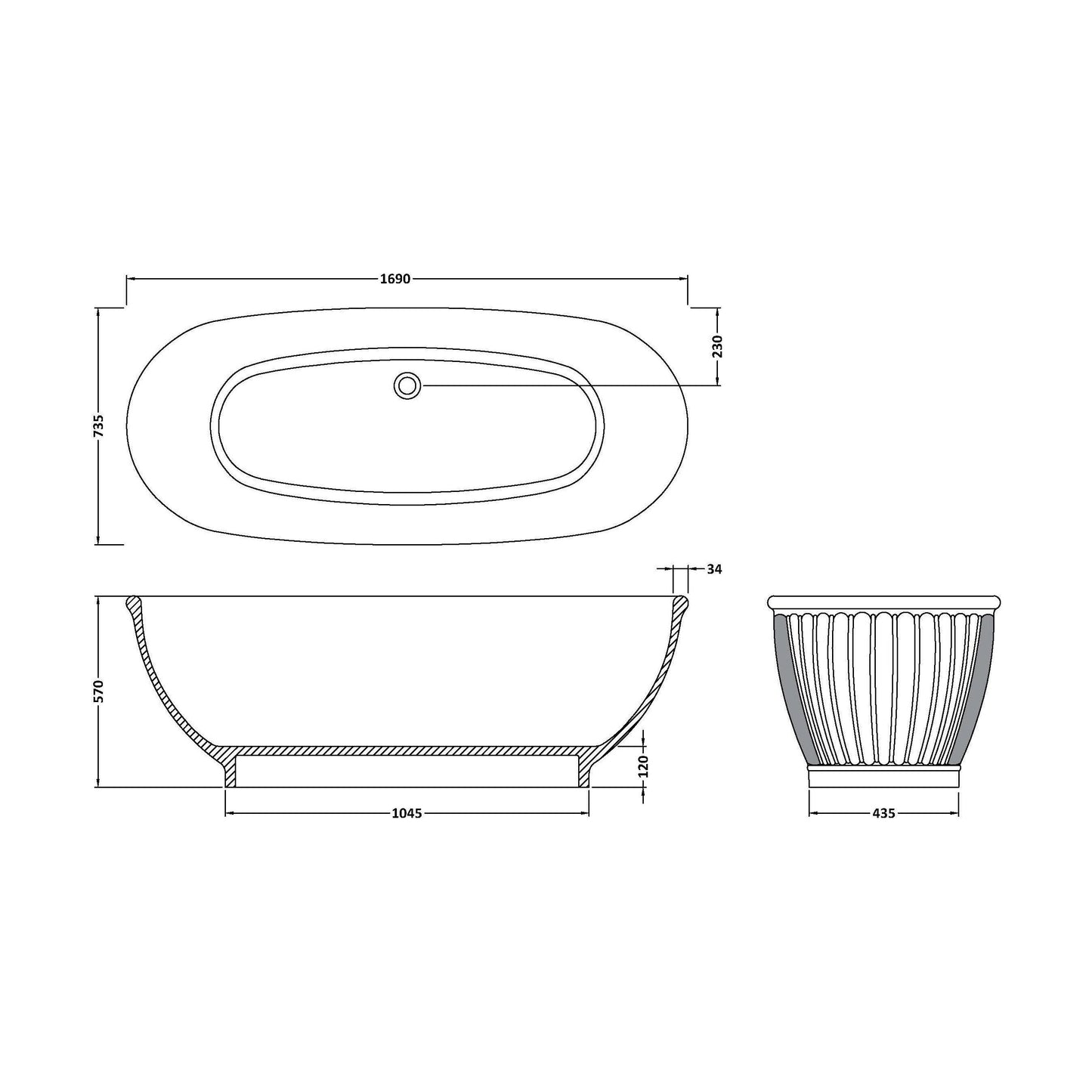 [BBB035] Balterley Iverley Freestanding Luxury Oval Thin Rim Double Ended Bath, 1680 x 750mm - Matt/Polished White - Technical Drawing