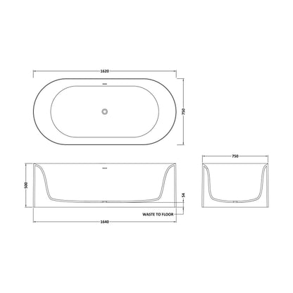 [BBB051] Balterley Wolgarston Freestanding Luxury Oval Double Ended Bath, 1640 x 750mm - Matt White - Technical Drawing