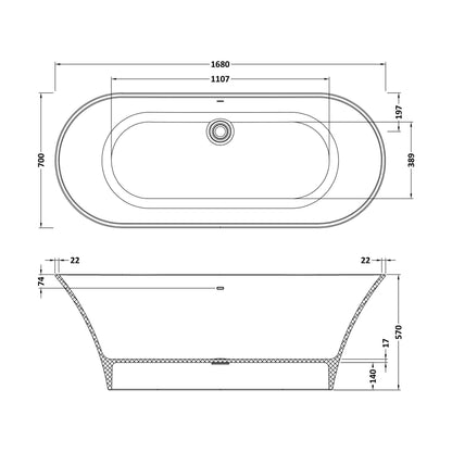 [BBB054] Balterley Smestow Freestanding Luxury Oval Double Ended Bath, 1680 x 700mm - Matt White - Technical Drawing