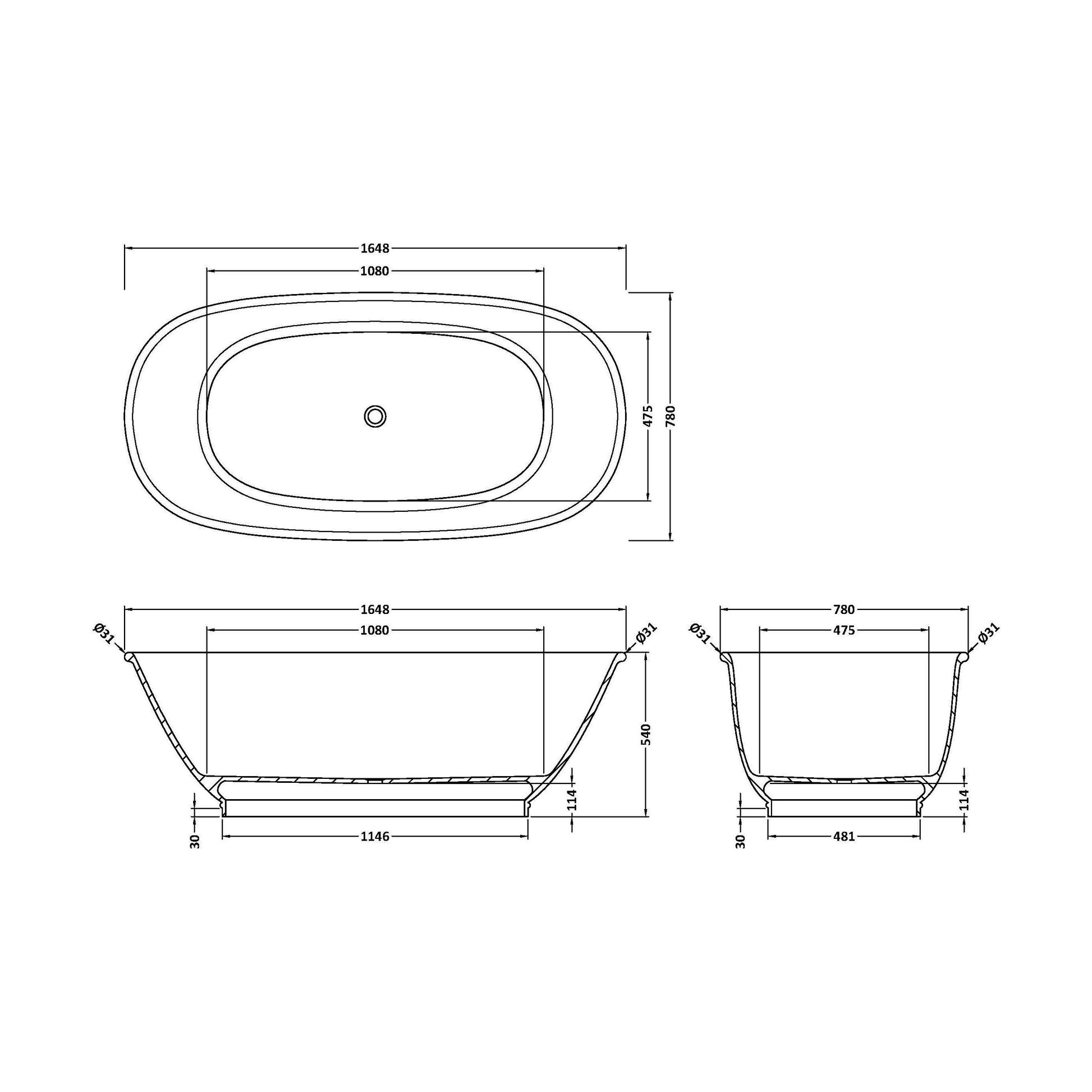 [BBB060] Balterley Bickford Freestanding Luxury Oval Double Ended Bath, 1628 x 773mm - Polished White - Technical Drawing