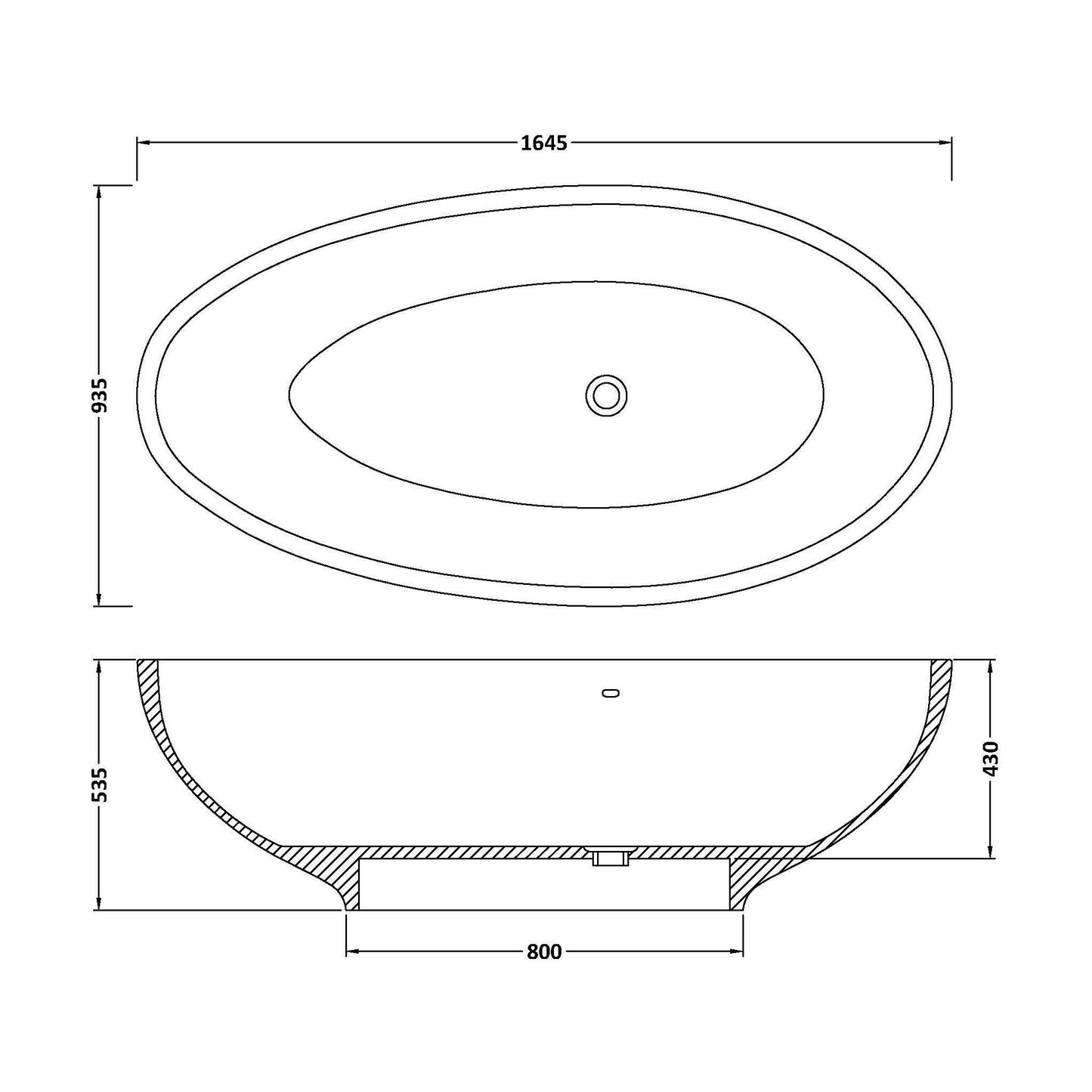 [BBB062] Balterley Rodsley Freestanding Luxury Oval Single Ended Bath, 1645 x 935mm - Polished White - Technical Drawing