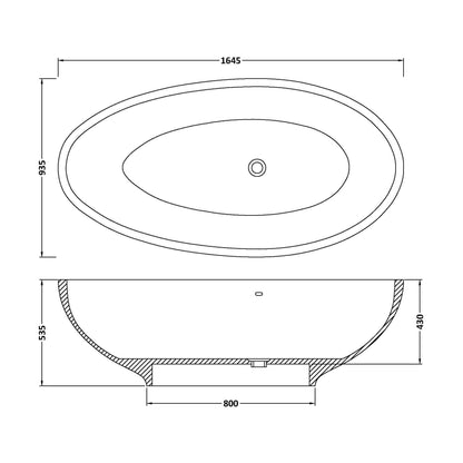 [BBB062] Balterley Rodsley Freestanding Luxury Oval Single Ended Bath, 1645 x 935mm - Polished White - Technical Drawing