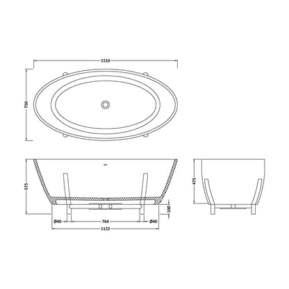 [BBB080] Balterley Swarbourn Freestanding Luxury Oval Double Ended Bath, 1510 x 760mm - Matt White - Technical Drawing