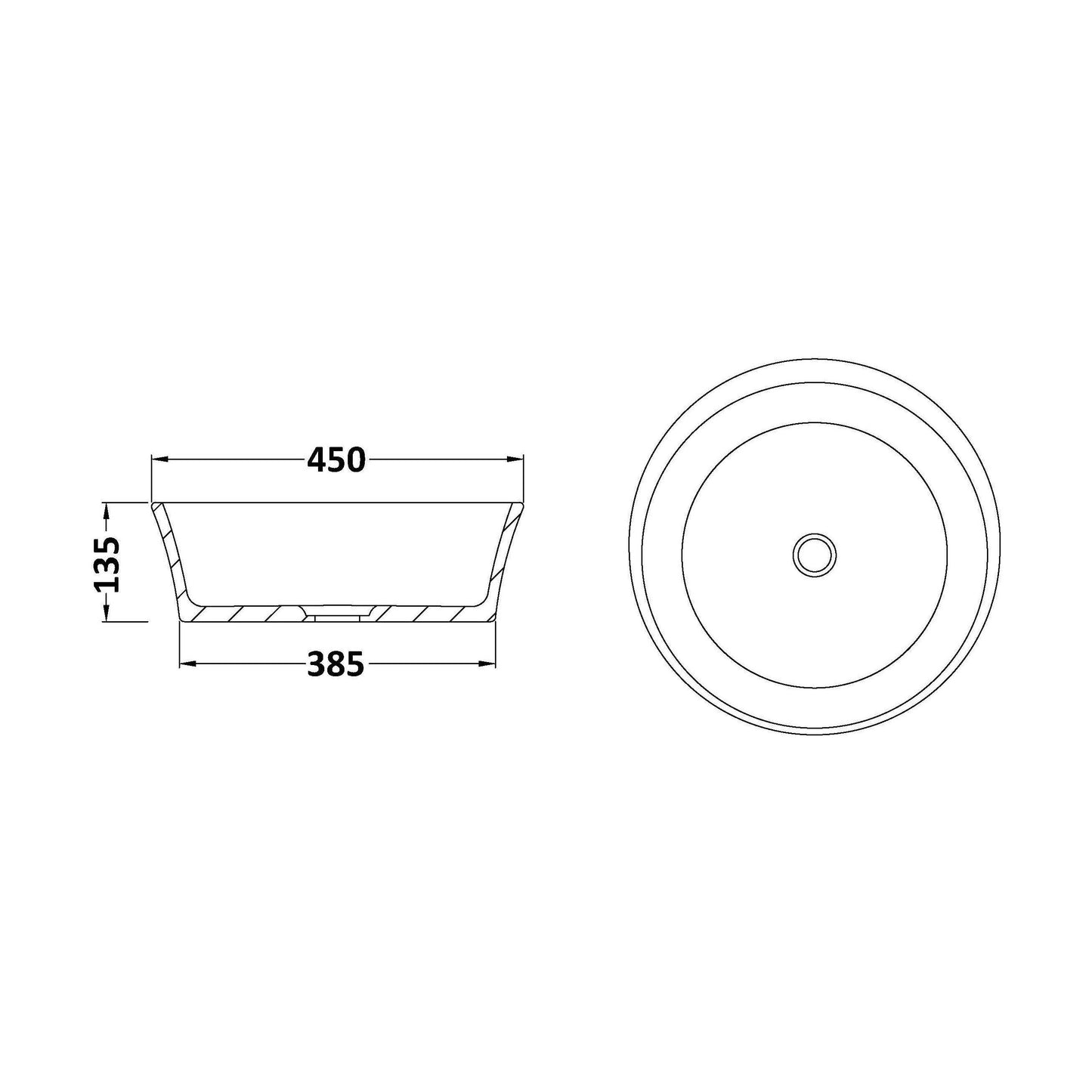 [BBB120] Balterley Doveridge Countertop Round Basin, 450 x 450mm - Polished White - Technical Drawing