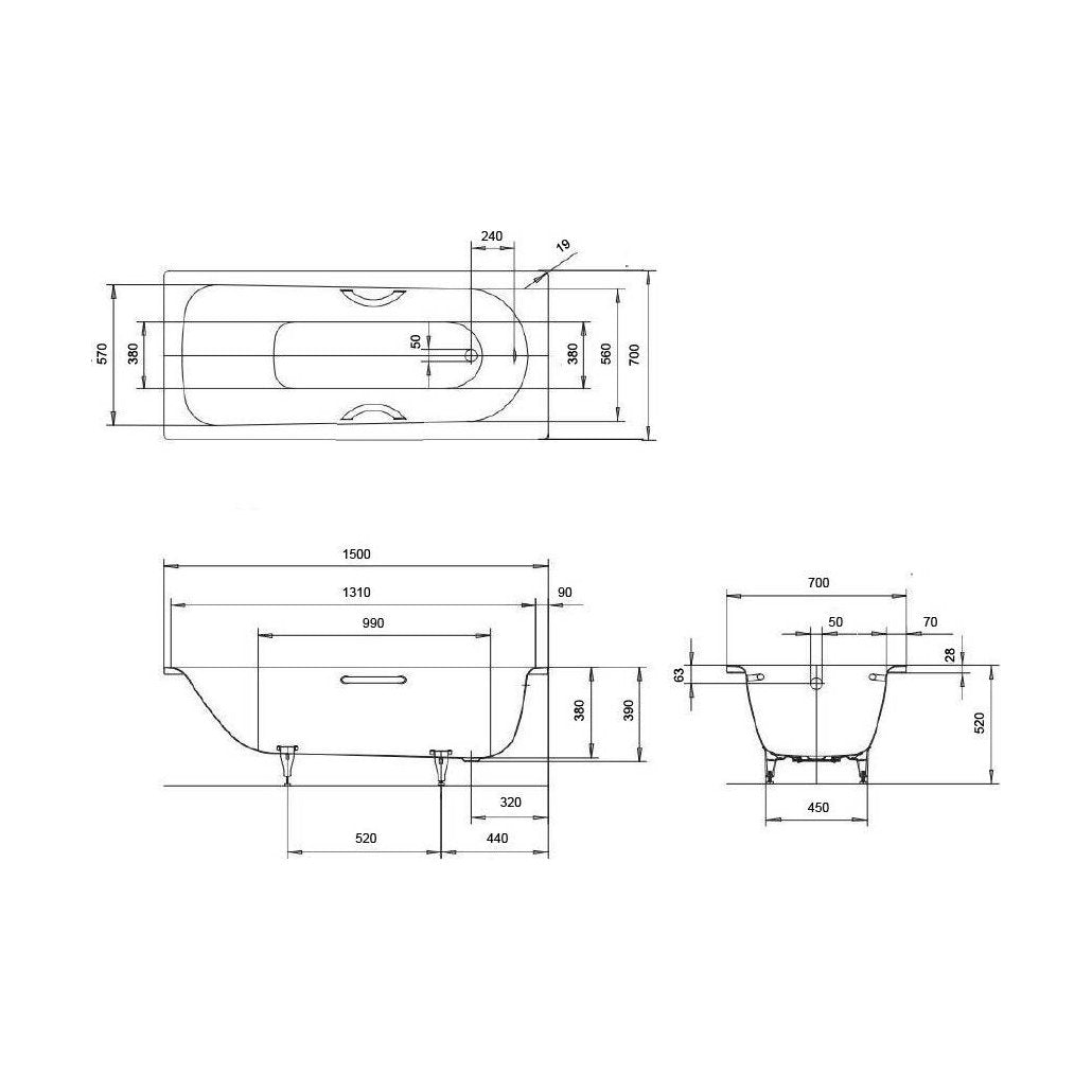 [BBB1500] Modern Bathroom Single Ended Bath, 1500 x 700 x 390mm, White - Technical Drawing