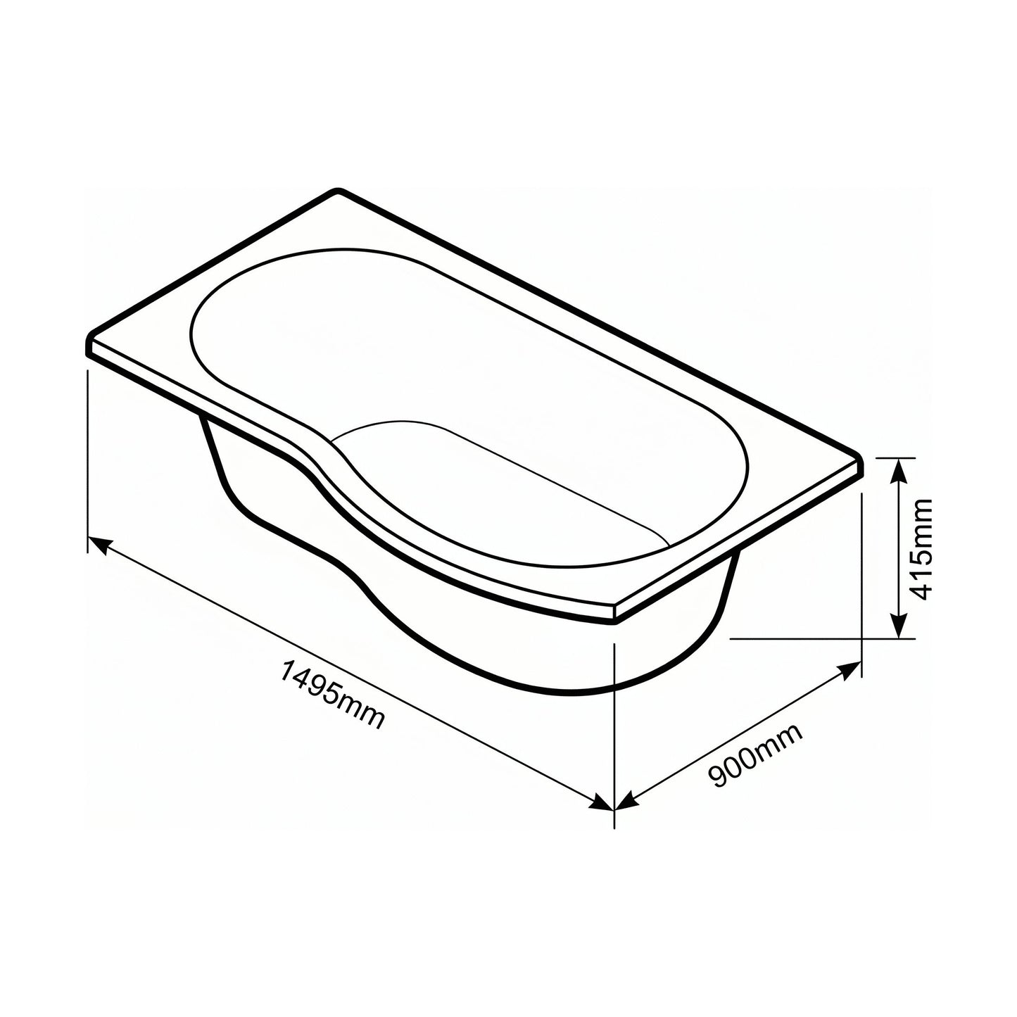 [BBB15PR] Modern B Shaped Right Hand Shower & Side Panel, 1495 x 900 x 415mm - Technical Drawing