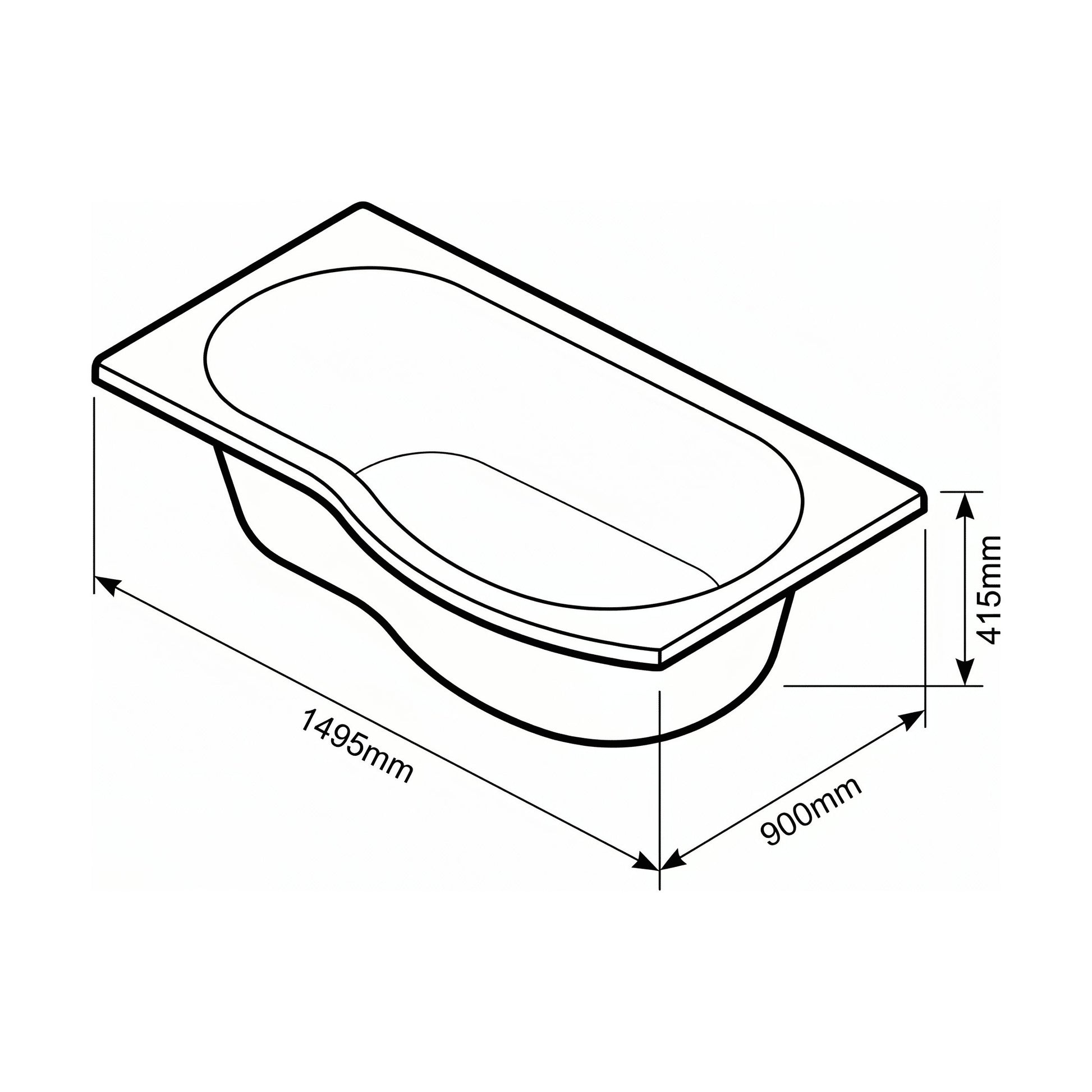 [BBB15PR] Modern B Shaped Right Hand Shower & Side Panel, 1495 x 900 x 415mm - Technical Drawing